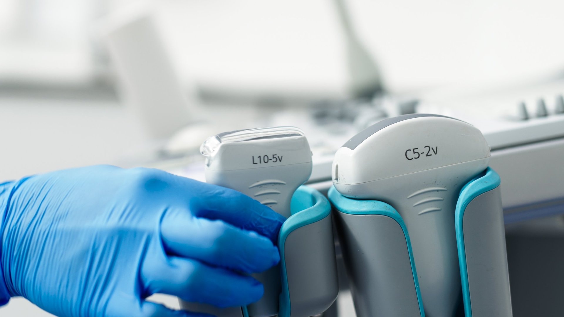 Medical professional holding ultrasound transducer probe