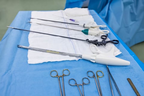 Specialized procedures performed in an operating room. A table displaying instruments used for laparoscopic bariatric surgery
