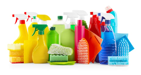 Set of different cleaning products isolated on white