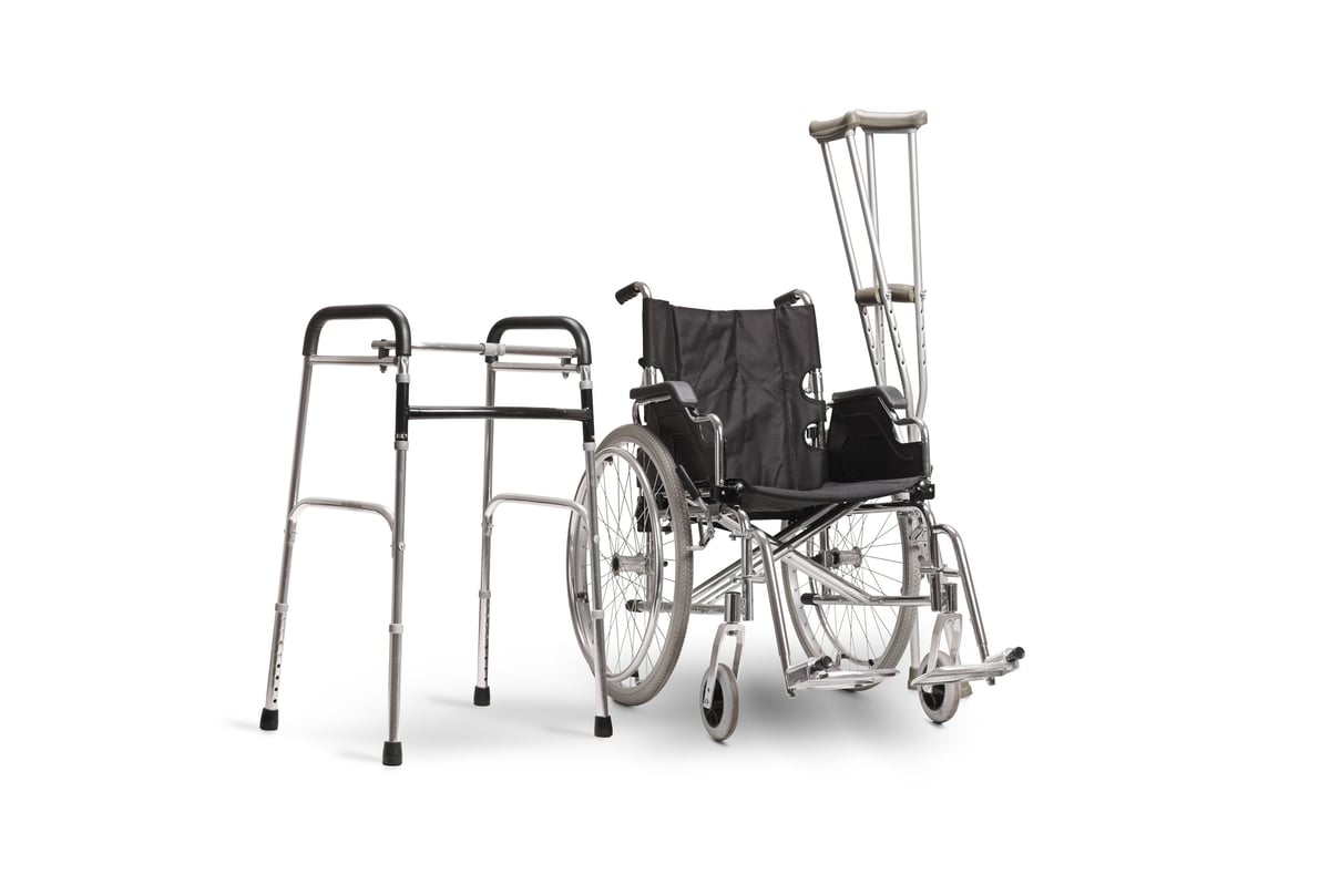 Medical equipment for disabilities, wheelchair, crutches and a walker