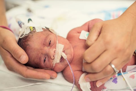 Mother holding premature newborn in intensive care