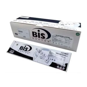 BIS brand product packaging with white and black labeled boxes and printed documentation