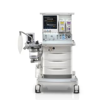Medical anesthesia delivery machine with monitor, ventilator controls, and gas cylinders on wheeled stand
