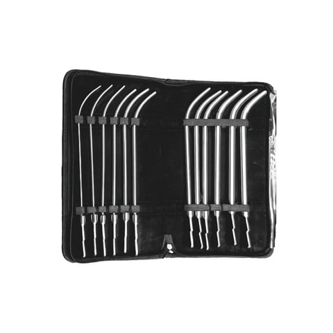 Black case open displaying organized set of 24 curved dental instruments with metal handles arranged in two rows
