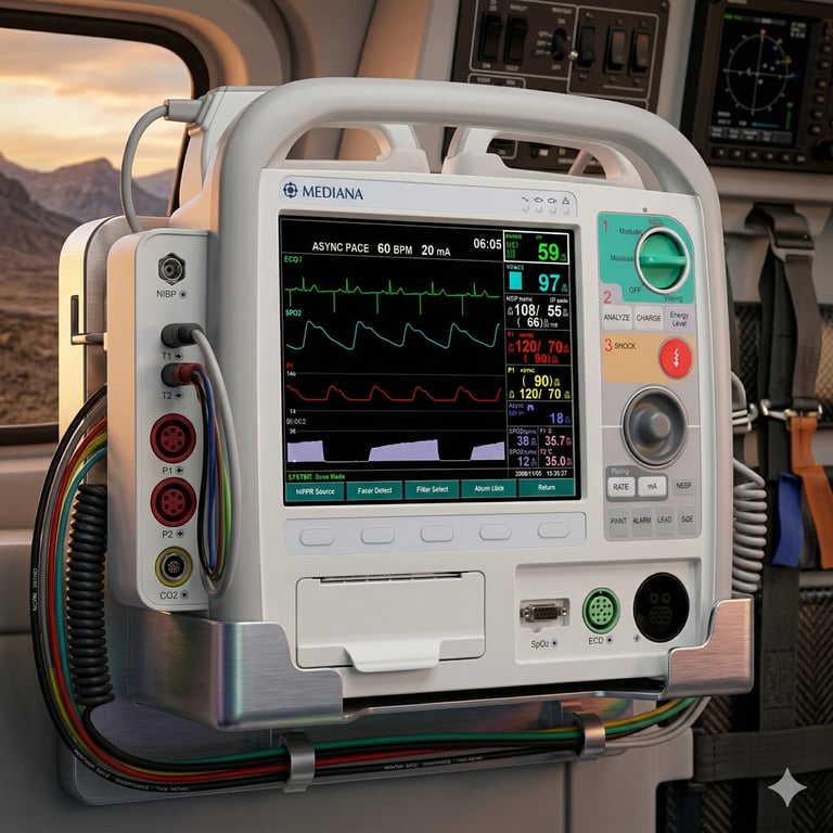 Medtronic defibrillator monitor displaying cardiac rhythm waveforms on screen with colorful control panel and paddles attached, situated in medical aircraft cockpit