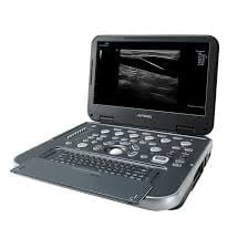 Portable ultrasound machine with keyboard and display screen showing ultrasound imagery