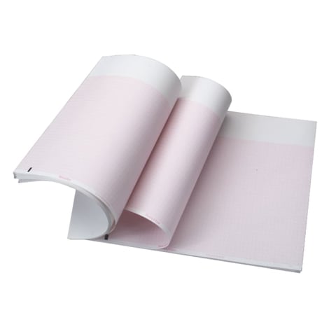 Rolls of light pink thermal paper displayed with one roll partially unrolled showing the flat sheet