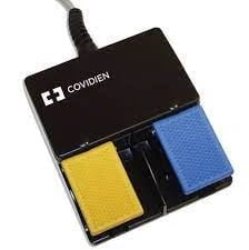 Pedal de doble interruptor Covohen con botones amarillos, negros y azules y cable adjunto