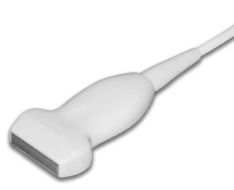 White ultrasound probe with rectangular transducer head and curved grip handle