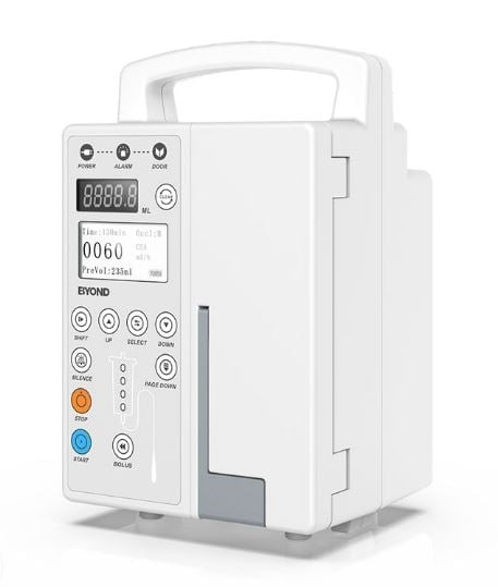 White medical infusion pump with digital display, control buttons, and carrying handle for IV fluid delivery