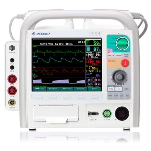 Mediana medical defibrillator monitor displaying vital signs and waveforms with control panel and emergency buttons
