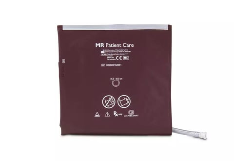 MR Patient Care burgundy blood pressure cuff with white labeling and attached tubing on white background