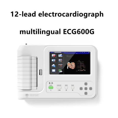 Multilingual ECG600G 12-lead electrocardiograph machine with touchscreen display and paper output