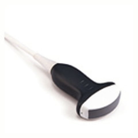 Black and white ultrasound transducer probe with cable on white background