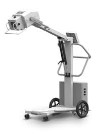 Mobile X-ray machine on wheeled stand with articulated arm and control panel