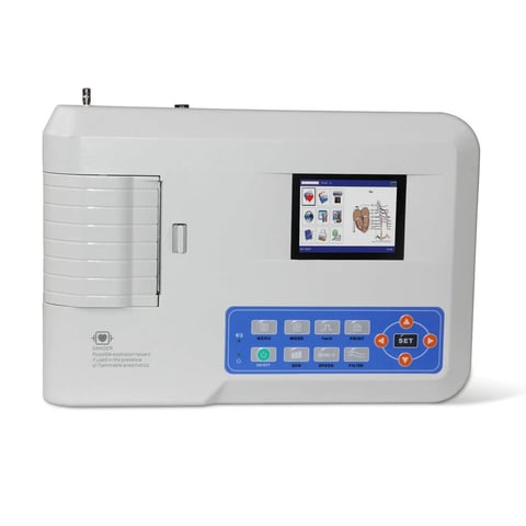 Portable ECG machine with small display screen, blue control panel, and paper output slot on left side