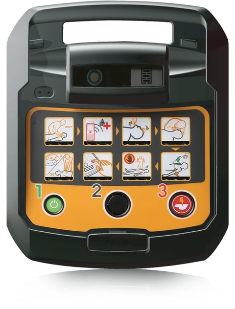 Automated external defibrillator with orange interface showing instructional icons and three numbered response buttons