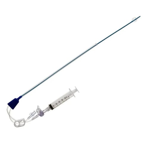 Medical injection syringe with needle attached and blue catheter tubing