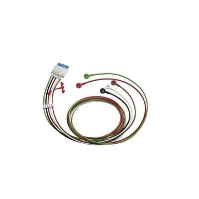 Coiled medical monitoring cable with connector block and color-coded electrode leads