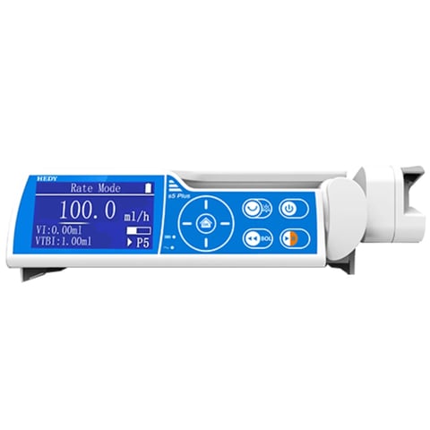 Blue and white medical infusion pump displaying 100.0 ml/h rate with digital screen and control buttons