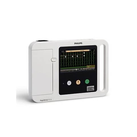 Philips PageWriter TC10 portable ECG machine with white case and digital display screen