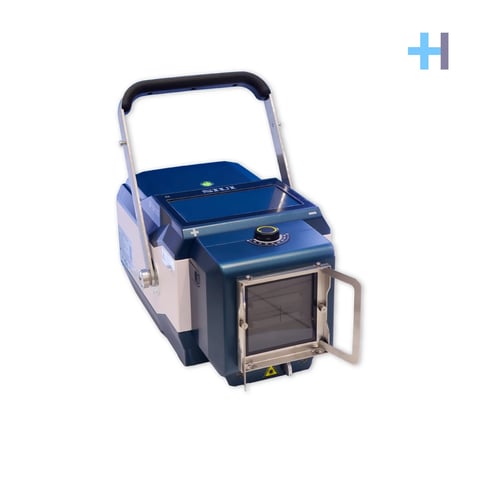 Blue and white mobile X-ray machine with handles and open front access panel on wheels