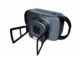 Compact digital camcorder with flip-out LCD screen and extendable tripod legs in gray and black