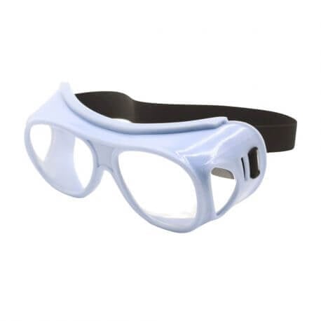 White medical protective goggles with clear lenses, side shields, and an adjustable black elastic head strap