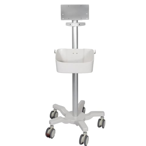 Medical equipment cart with wheeled base, vertical pole, basket tray, and monitor mount on white background