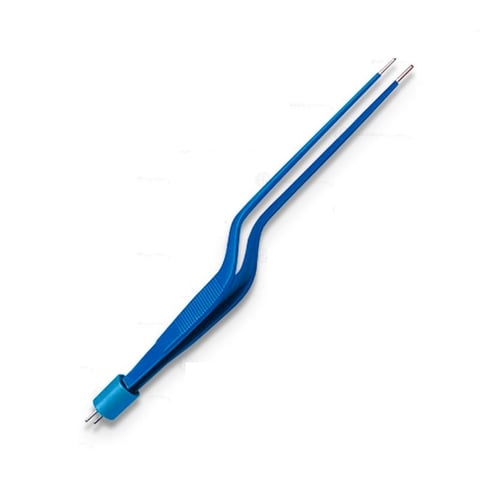 Pinzas azules con puntas curvas anguladas y mango texturizado