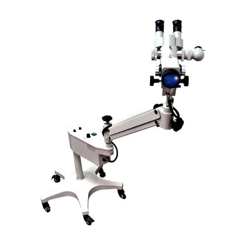 Surgical microscope with dual eyepieces, articulated arm, and wheeled base on white background