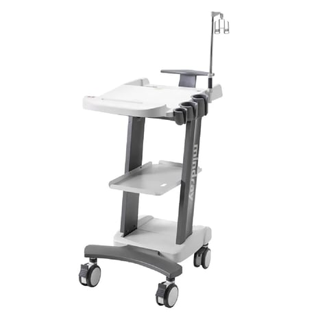 Medical mobile cart with white work surface, multiple shelves, and adjustable arm mounted on wheeled base