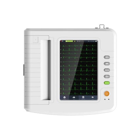 White portable ECG machine with display screen showing green waveform readings and control buttons on the right side