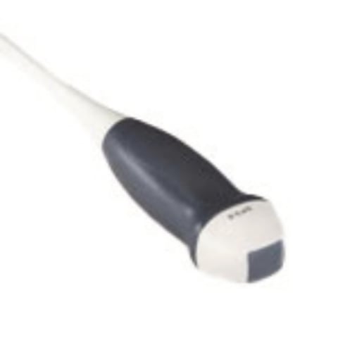 Medical ultrasound probe with dark grip and white connector attached to coiled cable