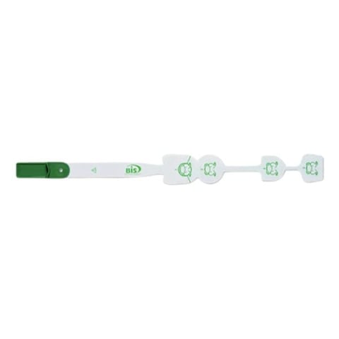 Green fabric wristband connector with bio icons and modular plastic components linked in a horizontal line