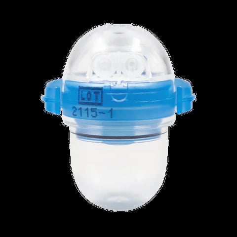 Clear plastic inhaler spacer with blue band and handles, used for delivering medication during asthma treatment
