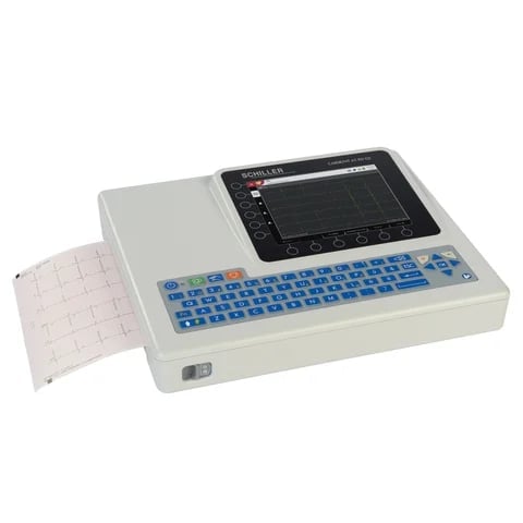 Vintage portable electrocardiogram machine with blue keyboard, display screen, and ECG paper strip