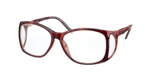 Pair of burgundy rectangular eyeglasses with clear lenses and wide frames on white background