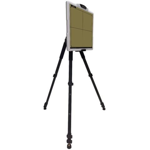 Military radar display screen mounted on black adjustable tripod stand against white background