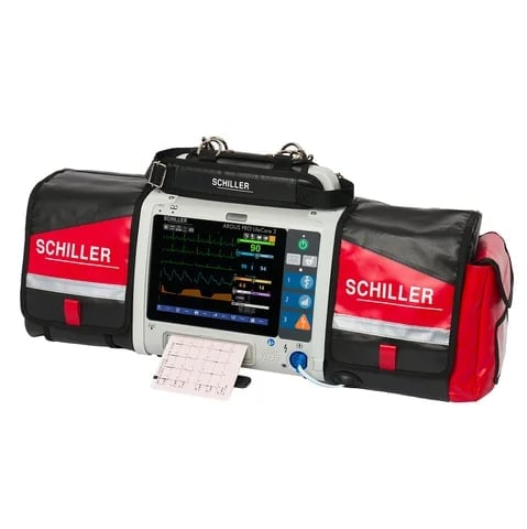 Schiller portable defibrillator with monitor display and patient cables in red and black carrying case