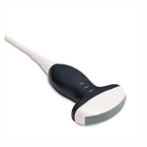Medical ultrasound probe with black handle and white sensor tip on white background