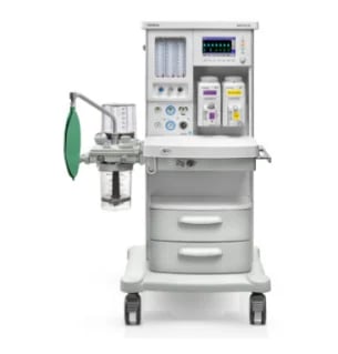 Medical anesthesia machine on wheeled cart with control panel, monitors, and gas delivery system