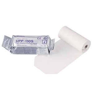 UPP-110S ultrasound thermal paper roll with packaging box on white background