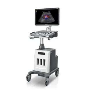 Medical ultrasound machine with cart, display screen, and control panel on wheeled base