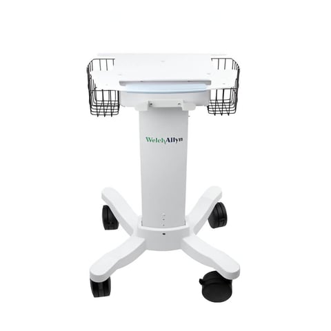 Welch Allyn medical equipment cart with white cylindrical column, rolling base with black wheels, and dual wire baskets at top