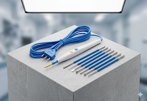Dental electrosurgical unit with blue cord and metal tip attachments arranged on white concrete surface
