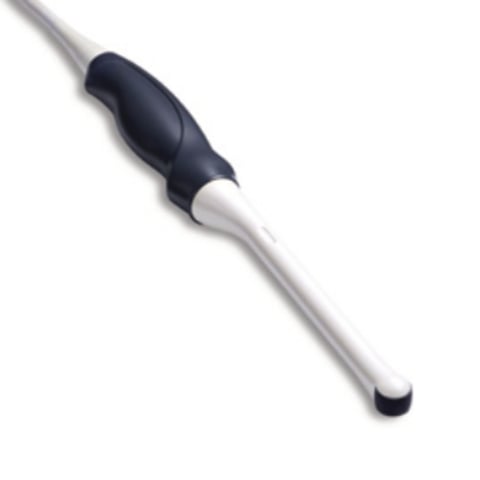 Silver and dark blue handled probe or stylus tool with a rounded tip on white background