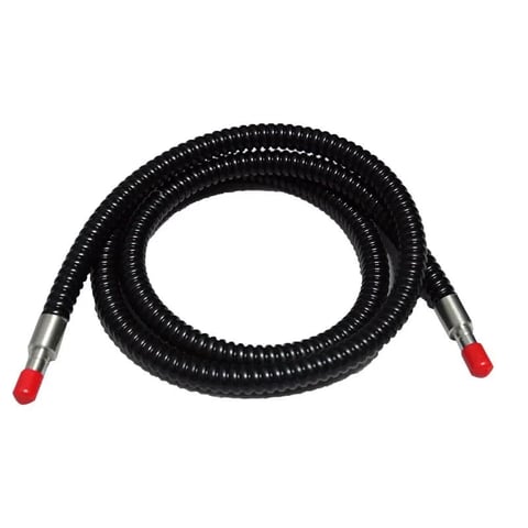 Black flexible hose with red connectors and metal ferrules, coiled on white background