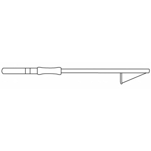 Line drawing of a surgical needle with attached suture material and threaded eye