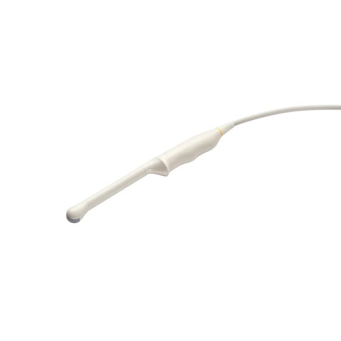 White medical ultrasound probe with attached cable on white background